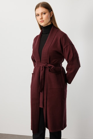On Kadın Büyük Beden Beli Kuşaklı Şal Yaka Hırka 60900 Bordo Bordo