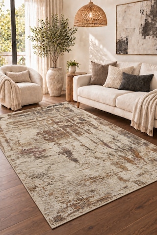 Vivanni Home Everlynn Polyester Vintage Halı Pamuk Atkı Tabanlı Modern Dokuma Ev Halısı Multi Tan