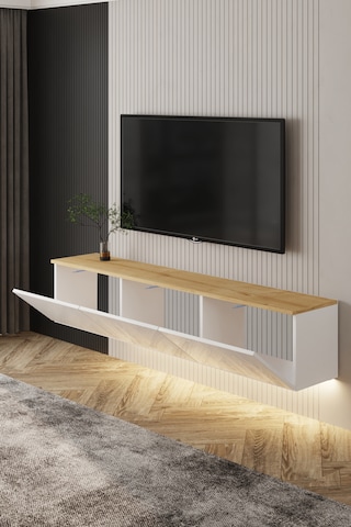 Neon Işıklı Duvara Monte Tv Ünitesi Beyaz - Safir Meşe