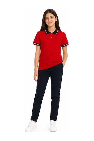 Kısmetsepeti Çocuk Pamuklu Yumuşak Dokulu Lacivert Polo Yaka Kırmızı Okul Tshirt Kırmızı - Lacivert