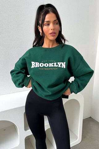 Brooklyn Thatssofetch Sweatshirt - Yeşil Baskılı Oversize Bisiklet Yaka Yeşil