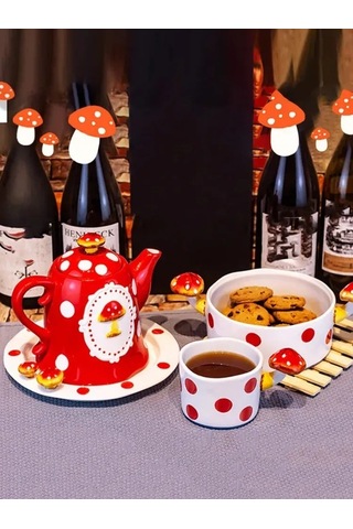 Fortunelane Fırınlanmış Seramik Mantar Desenli Çaydanlık, 0.91l Kapasite, Kapağı İle Ev Ve Misafir İçin Kırmızı Kırmızı