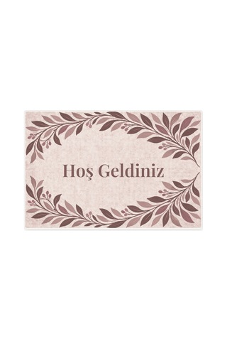 Kartela Halı Hoş Geldiniz Yazılı Yaprak Desenli Kapı Paspası Gül Kurusu Kaymaz Kauçuk Taban 50x75 Cm