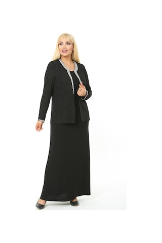 Büyük Beden 3729 Siyah Gümüş Abiye Ceket+Elbise Takım 001