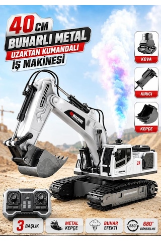 Metal Başlıklı Buharlı 1:18 Ölçekli Uzaktan Kumandalı 10 Fonksiyonlu 2.4 Ghz Oyuncak Ekskavatör Beyaz