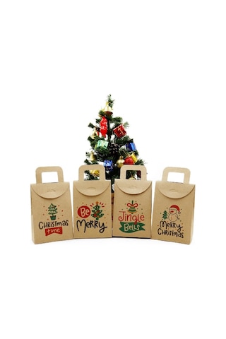 10x15 Noel Ve Yılbaşı Temalı Kraft Hediye Kutusu Seti 4 Adet 10x15 Cm, Çift Taraflı Baskılı / M4 Genel