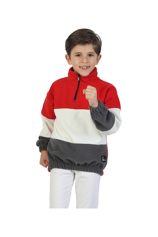 Erdem Kıds Unisex Kız-erkek Çocuk Dik Yaka Fermuarlı Sweatshirt-kazak Beli Lastikli Çok Renkli Kışlık Polar Kırmızı-ekru-gri Kırmızı-ekru-gri