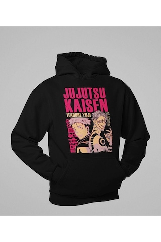 Jujutsu Kaisen Itadori Yuji Baskılı Unisex Oversize Anime Hoodie Siyah
