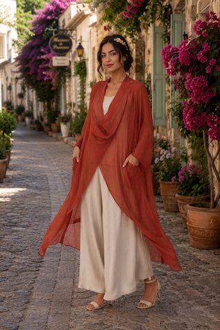 Eren Style Italyan Ipek Detaylı Oversize Kaftan & Bluz Kiremit