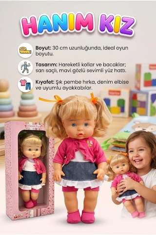 Sevimli Hanım Kız 30cm Kolları Ve Bacakları Hareket Eden Elbiseli Ve Aksesuarlı Oyuncak Et Bebek 1