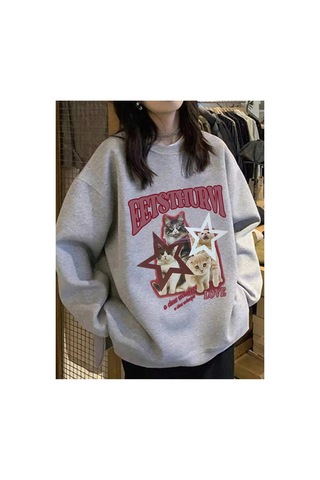 Tarzsokak Mektup Ve Kedi Desenli Düşük Omuz Büyük Beden Sweat Gri