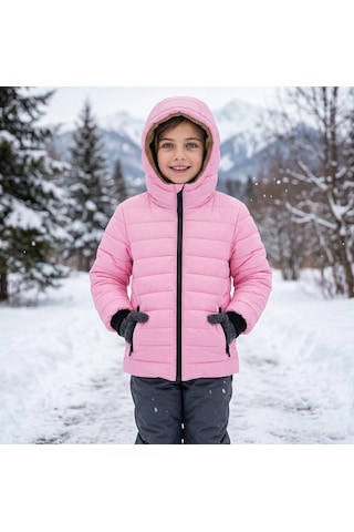 Merdia Kids Kız Çocuk Düz Çizgili Su Ve Rüzgar Geçirmez İçi Kürklü Mont Pembe