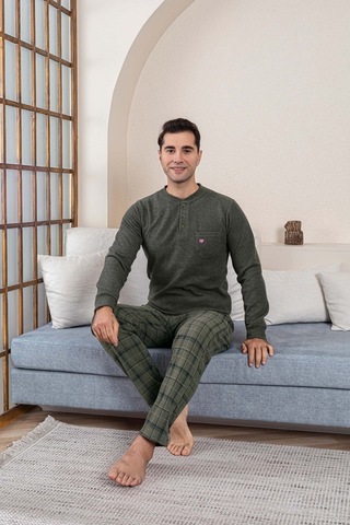 Erkek 3 Düğme Göğüs Cepli Kışlık Pamuklu Selanik Kumaş Uzun Manşetli Kol Cepli Pijama Takımı Haki