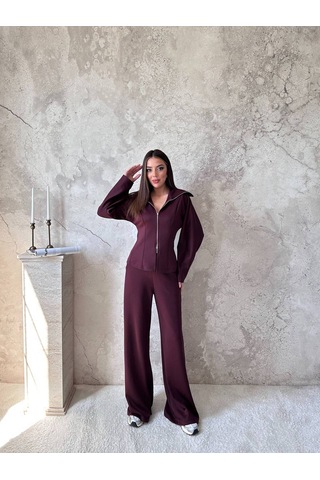 Hopıan Kadın Bordo Fermuarlı Yarasa Kol Crop Sweatshirt