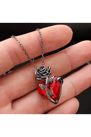 Kadın Kolye Heartrose Kadın Kolye Gül Kalp Detaylı Gotik Koyu Zincir Tasarım Çok Renkli