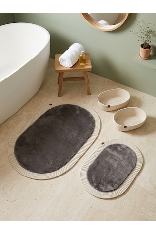 Senza Atelier Lüks 4 Lü Banyo & Antre Seti Krem Halat Çerçeveli, Gri Peluş Dokulu Paspas Takımı Ve 2 Li Sepet Açık Gri - Antrasit