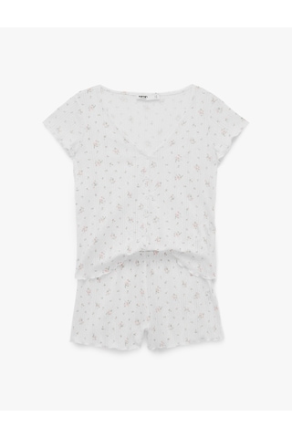 Koton Pamuklu Kısa Kollu Desenli Şortlu Pijama Takımı Ekru Desenli 6slk40197mk