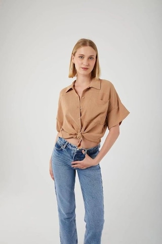 3960 Kadın Robalı Cepli Gömlek Vizon Vizon