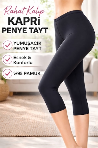Süper Kalite Rahat Kalıp Yüksek Bel Ağlı Diz Altı Kapri Penye Siyah