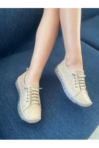 Bej Kadın Hakiki Deri Lastikli Ayarlanabilir Bağcıklı Rahat Taban Sneaker Miala 001