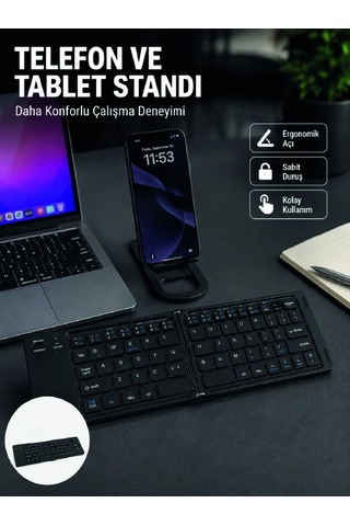 Hubrendy Tekno Bluetooth Katlanabilir Klavye Usb-c Şarjlı 3 Cihaz Bağlantılı Taşınabilir Klavye