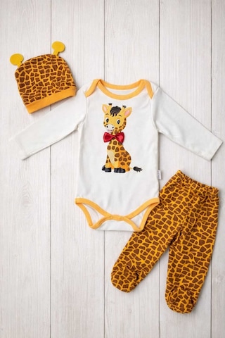 Zürafa Desenli Erkek Bebek 3 Lü Takım Uzun Kollu Çıtçıtlı Body, Patikli Pantolon Ve Şapka Set Beyaz