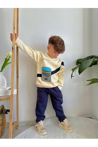 Jolly Kids Erkek Çocuk Çanta Baskılı Sweatshirt Takım Krem