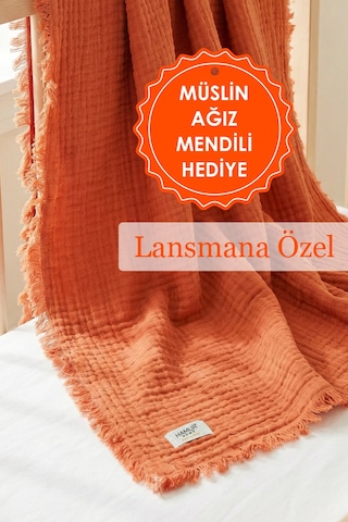 Bebek 4 Katlı Müslin Pike Örtü %100 Pamuk 2'li Ağız Bezi Hediyeli Yenidoğan 85x100 Battaniye Kiremit
