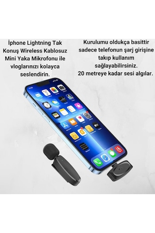 Polham Profesyonel Kablosuz iPhone Uyumlu Lightning Yaka Mikrofonu, 20 M Mesafeli Yayıncı Yaka Mikrofonu