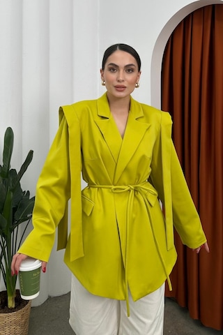 Msm Fashion Kadın Oversize Blazer Ceket Kuşaklı Omuz Detaylı Limon Yeşili Yeşil