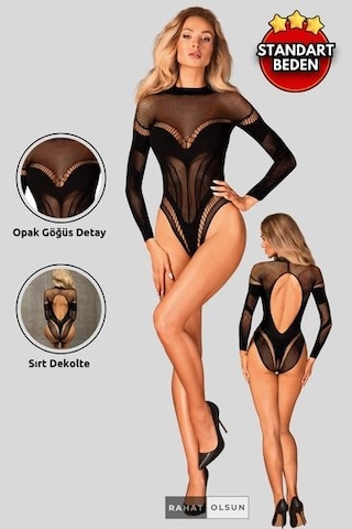 İnce File Uzun Kollu Göğüs Bölgesi Opak Tanga Kesim Siyah Kadın Fantezi Vücut Çorabı Siyah