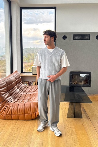 Flaw Çift Pileli Kumaş Pantolon Gri-27897 gri