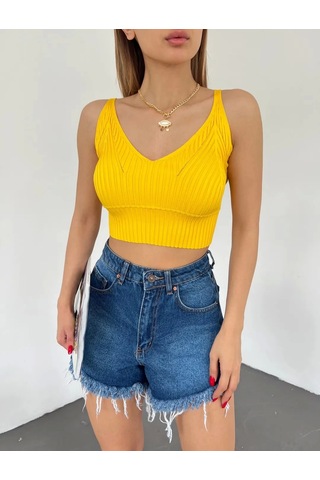 V Yaka Askılı Crop Triko Büstiyer Sarı - Df2202 Çok Renkli