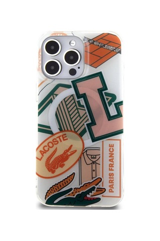 Apple Uyumlu iPhone 15 Pro Max Kılıf Lacoste Lisanslı Magsafe Şarj Özellikli Yamalar Desenli Turuncu