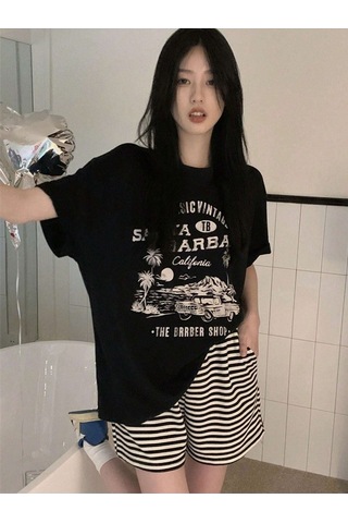 Santa Barbara T-shirt - Siyah Baskılı Oversize Bisiklet Yaka Kısa Kol SIYAH