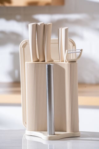 Cooper 8 Parça Standlı Kesme Tahtası Ve Bıçak Seti Krem