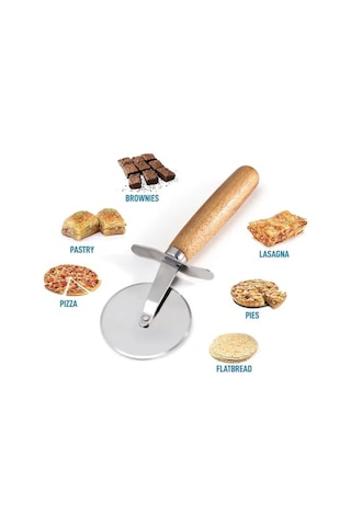Pizza Kesici Ahşap Saplı Paslanmaz Çelik, Yuvarlak Bıçaklı Pizza Dilimleyici Ergonomik, Dayanıklı, Şık T Diğer