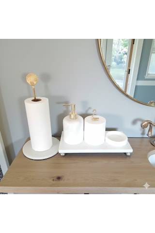 Doğal Beyaz Mermer Banyo Ve Lavabo Düzenleyici 5 Li Set Gold Aksesuarlı Beyaz