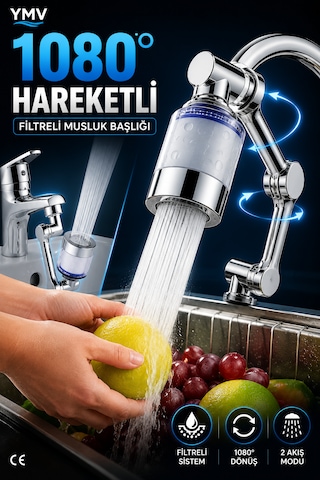 Ymv Filtreli Musluk Başlığı 1080 Derece Hareketli Döner Batarya Ucu Su Tasarruflu Lavabo Aparatı