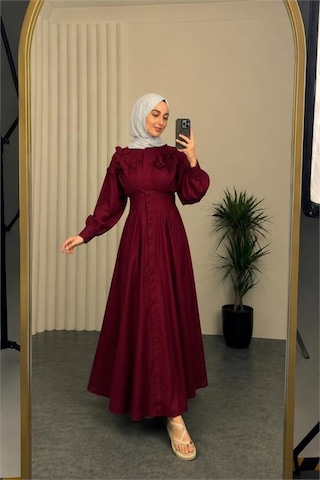 Neşeli Butik Kadın Bordo Belden Oturtmalı Çiçek Detaylı Premium Tesettür Elbise Nbvq4933