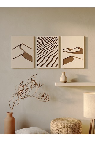 Desert Trilogy 3'lü Duvar Sanatı Seti - Modern Soyut Kum Tepesi Ve Rüzgar Dalgaları Motifli Kazıma Tablo, Organik Minimalist Oyma Tablo Seti