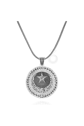 925 Ayar Gümüş Kelime-i Tevhid Yazılı Ayyıldız Tasarım Yuvarlak Erkek Kolye Gümüş