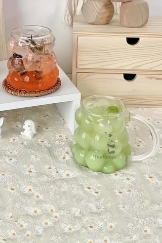 6lı Üzümlü Boncuk Bardak Pipetli Cam 350 Ml Kulplu Kulpsuz Meşrubat Su Kahve Sunum Kokteyl Bardağı Şeffaf