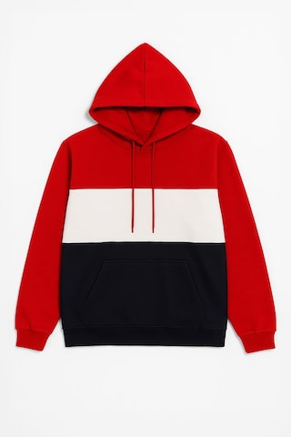 Markapia Erkek Kapüşonlu Cepli İçi Polarlı Parçalı Sweatshirt Kırmızı
