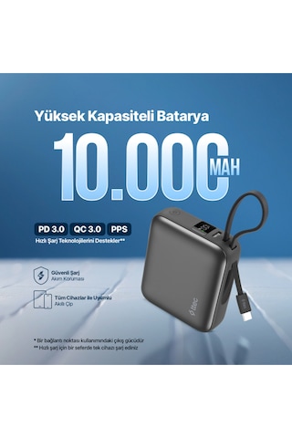 Recharger Mini Lcd 10.000mah Pd 35w Usb-c Dahili Kablolu Taşınabilir Hızlı Şarj Aleti/powerbank Gri