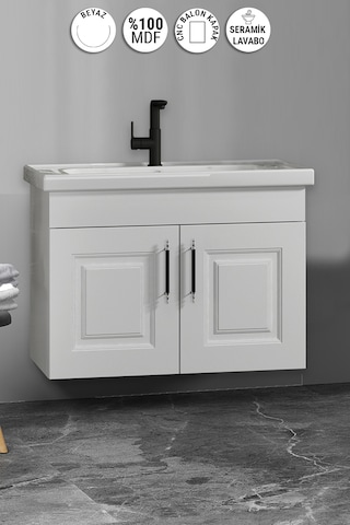 Salkım 65 Cm Beyaz Balon Mdf Seramik Lavabolu Asma Banyo Alt Dolabı
