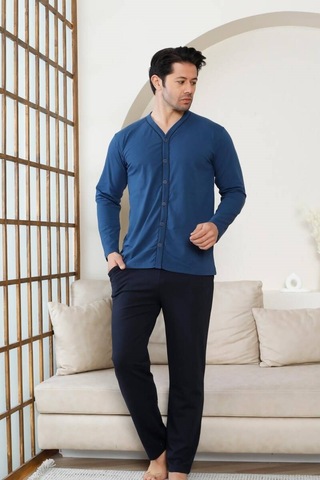 Erkek V Yaka Önden Düğmeli Pamuk Likra Mevsimlik Uzun Kol Cepli Pijama Takımı İndigo