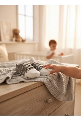 Balbeybi Bebek Klasik Müzik Notalı Ayakkabı Kaydırmaz Taban İlk Adım Ortapedik Yumuşak Taban Günlük Gri