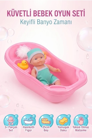 Küvetli Bebek Banyo Seti 25 Cm Oyuncak Bebek Ve Küvet Aksesuarlı Tam Set Yeşil