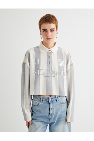 Koton Polo Yaka Oversize Sweatshirt Baskılı Düğmeli Uzun Kollu Gri Çizgili 4sal10668ık Gri